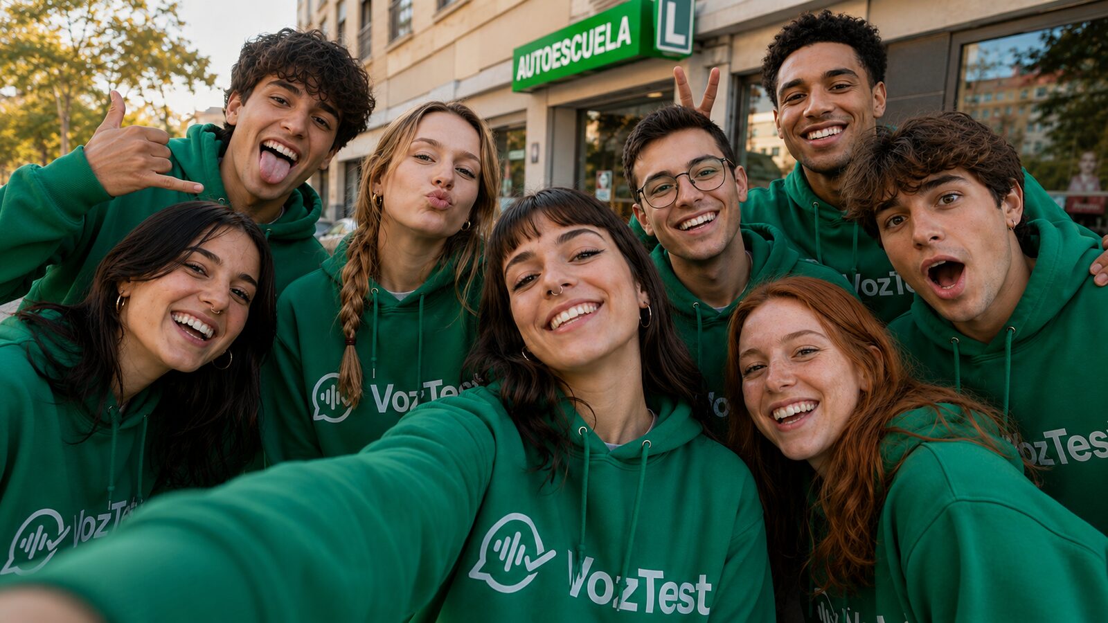 Grupo de jóvenes con sudadera VozTest haciéndose una foto delante de una autoescuela