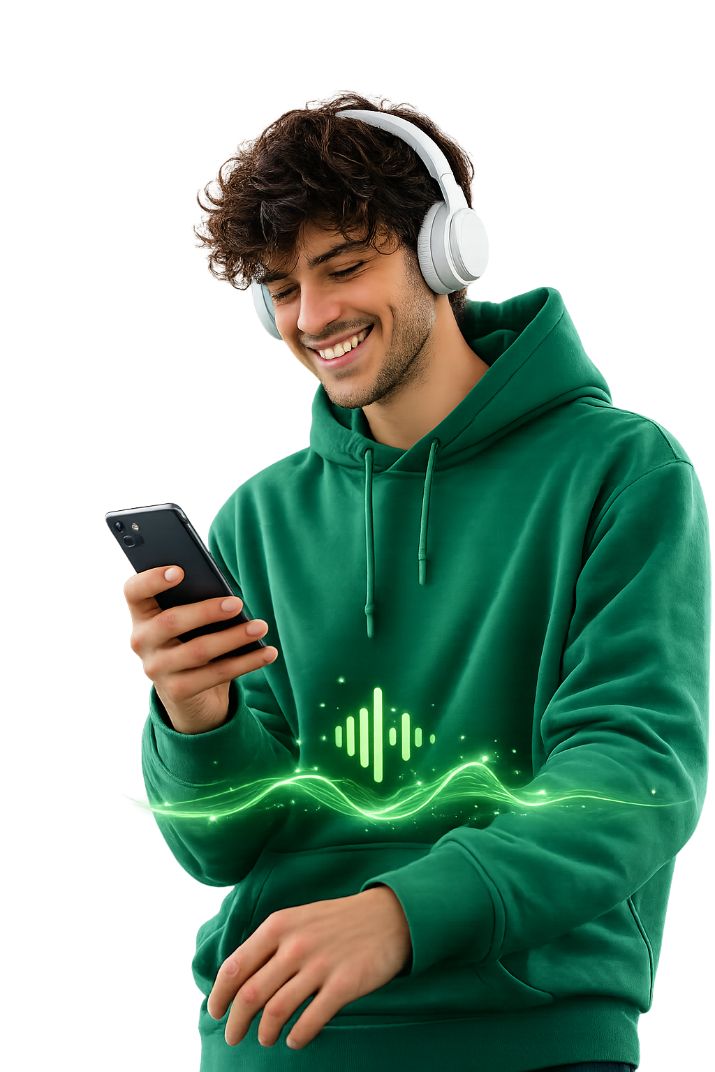 Joven estudiando el teórico de conducir por voz con auriculares