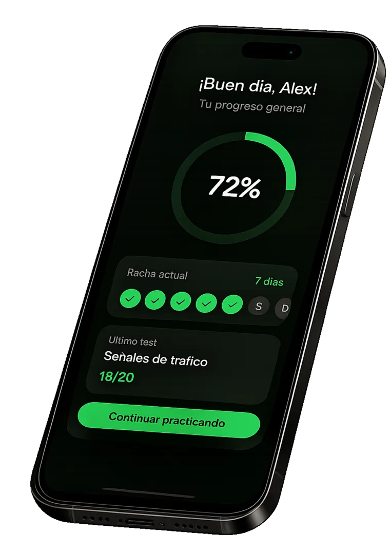 Panel de VozTest: 72% de progreso, racha de 7 días y último test de señales de tráfico 18/20